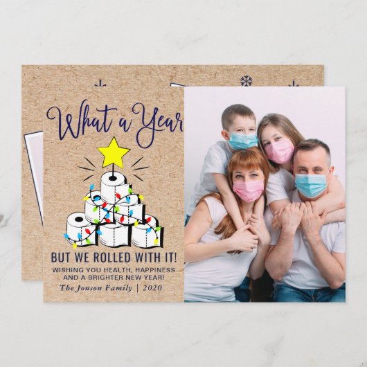 Wat een jaar Kerstmis 3 Fotogroet Feestdagenkaart (Voorkant / Achterkant)