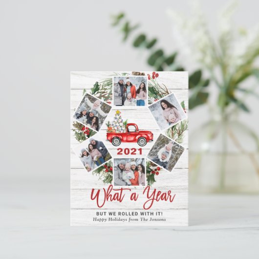 Wat een jaar Kerstmis Rode Boerderij Truck 6 Foto Feestdagenkaart (Staand voorkant)