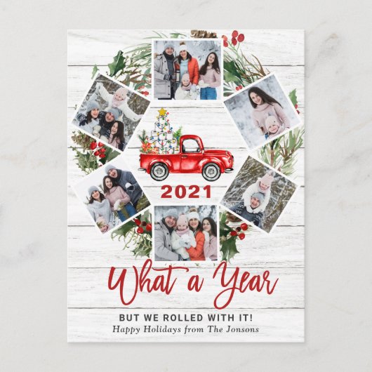 Wat een jaar Kerstmis Rode Boerderij Truck 6 Foto Feestdagenkaart (Voorkant)