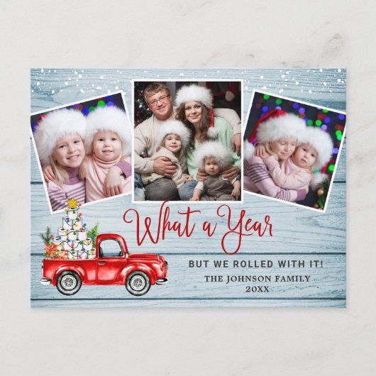 Wat een jaar kerstrood Boerderij Truck 3 Foto Briefkaart (Voorkant)