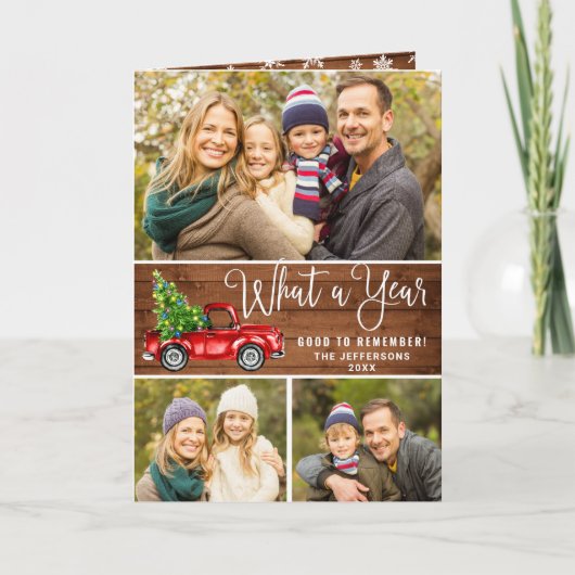 Wat een jaar kerstrood Boerderij Truck 3 Foto Feestdagen Kaart (Voorkant)
