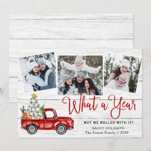 Wat een jaar kerstrood Boerderij Truck 3 Foto Feestdagenkaart
