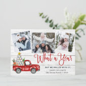 Wat een jaar kerstrood Boerderij Truck 3 Foto Feestdagenkaart (Staand voorkant)