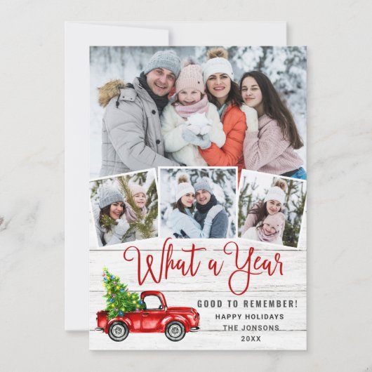 Wat een jaar kerstrood Boerderij Truck 5 Foto Feestdagenkaart (Voorkant)