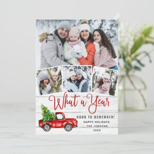 Wat een jaar kerstrood Boerderij Truck 5 Foto Feestdagenkaart (Staand voorkant)