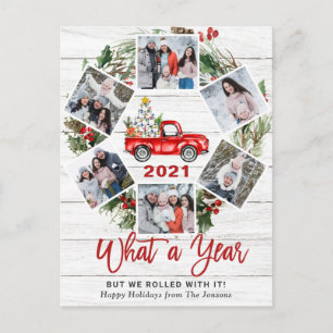 Wat een jaar kerstrood Boerderij Truck 6 Foto Feestdagenkaart