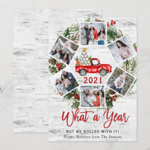 Wat een jaar kerstrood Boerderij Truck 6 Foto Feestdagenkaart