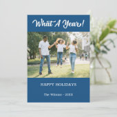 Wat een jaar modern 2 fotoblauw feestdagenkaart (Staand voorkant)