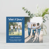 Wat een jaar modern 3 fotoblauw feestdagenkaart (Staand voorkant)