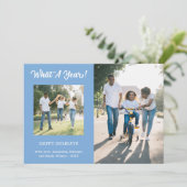 Wat een jaar modern 3 fotolichtblauw feestdagenkaart (Staand voorkant)