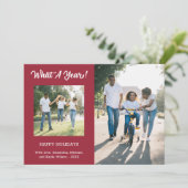 Wat een jaar moderne 3 foto Bourgundy Feestdagenkaart (Staand voorkant)