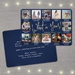 Wat een jaar! Navy Blue 12 Fotocollage en bijschri Folie Feestdagenkaart<br><div class="desc">Wat een jaar om te herinneren! Verstuur stijlvolle vrolijke groeten en deel 12 van je favoriete afbeeldingen met een speciale 5x7 fotocollage marineblauw en gouden folie-vakantiekaart. De tekst op deze sjabloon is eenvoudig te personaliseren om het even welke tekst zoals Zure Kerstmis, Prettige feestdagen, Zegengroeten, de Kaas van het Nieuwe...</div>
