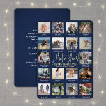 Wat een jaar! Navy Blue 18 Fotocollage en bijschri Folie Feestdagenkaart<br><div class="desc">Wat een jaar om te herinneren! Verstuur stijlvolle, vrolijke groeten en deel 18 van uw favoriete afbeeldingen met een aangepaste 5x7 fotocollage marineblauw en gouden folie-vakantiekaart. De tekst op deze sjabloon is eenvoudig te personaliseren om het even welke tekst zoals Zure Kerstmis, Prettige feestdagen, Zegengroeten, de Kaas van het Nieuwe...</div>