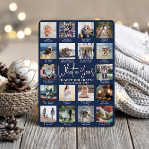 Wat een jaar! Navy Blue 18 Photo Collage Modern Folie Feestdagenkaart