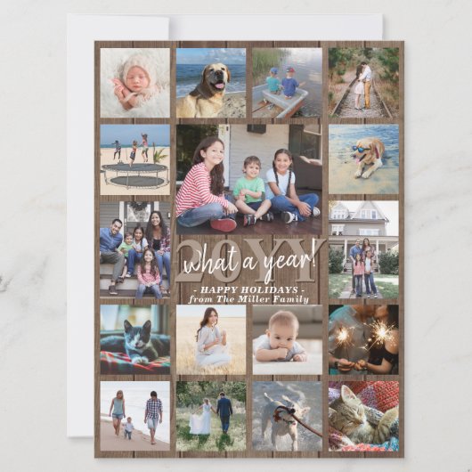 Wat een jaar! Overmaats fotocollage hout en licht Feestdagenkaart (Voorkant)