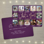 Wat een jaar! Paarse 12 Fotocollage & Bijschriften Folie Feestdagenkaart<br><div class="desc">Wat een jaar om te herinneren! Verstuur stijlvolle vrolijke groeten en deel 12 van je favoriete afbeeldingen met een speciale 5x7 fotocollage paars en gouden folie vakantiekaart. De tekst op deze sjabloon is eenvoudig te personaliseren om het even welke tekst zoals Zure Kerstmis, Prettige feestdagen, Zegengroeten, de Kaas van het...</div>