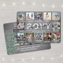 Wat een jaar! QR-code 12 Foto-Collage Wood & Pine Feestdagenkaart
