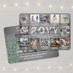 Wat een jaar! QR-code 12 Foto-Collage Wood & Pine Feestdagenkaart