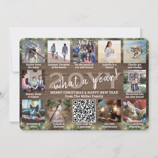 Wat een jaar! QR Code 12 Foto Hout, dennen & licht Feestdagenkaart (Voorkant)