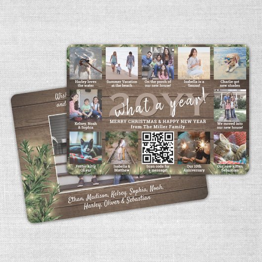Wat een jaar! QR Code 12 Foto Hout, dennen & licht Feestdagenkaart