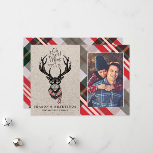 Wat een jaar! Reindeer Pset Scarf en Masker Feestdagenkaart (Voorkant / Achterkant in situ)