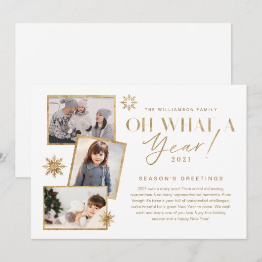 Wat een jaar! Review Gold White 3 Foto Feestdagenkaart (Voorkant / Achterkant)