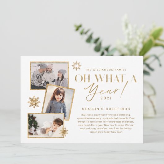 Wat een jaar! Review Gold White 3 Foto Feestdagenkaart (Staand voorkant)