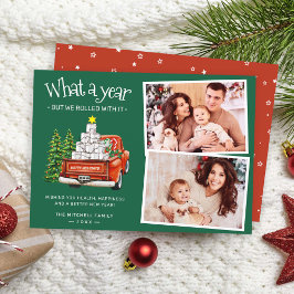 Wat een jaar rode kerstboom 2 foto feestdagenkaart