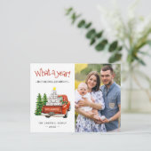 Wat een jaar vintage kerstboom vrachtwagen feestdagenkaart (Staand voorkant)