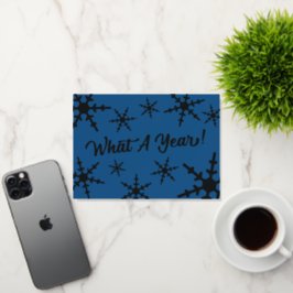 Wat een jaar zilveren folie sneeuwvlokken blauwe v folie feestdagenkaart