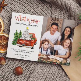 Wat een jaarlijkse foto van de kerstboom voor toil feestdagenkaart