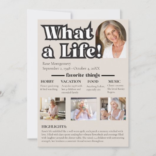 Wat een leven, ter nagedachtenis van een geliefde kaart (Voorkant)