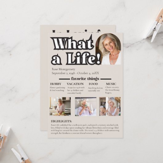 Wat een leven, ter nagedachtenis van een geliefde kaart (Voorkant / Achterkant in situ)