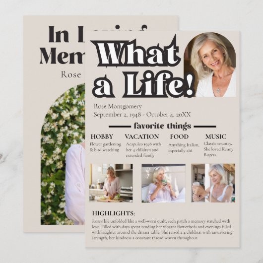 Wat een leven, ter nagedachtenis van een geliefde kaart (Voorkant / Achterkant)