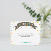 Wat een pret Kleurrijke confetti Eerste verjaardag Bedankkaart (Staand voorkant)