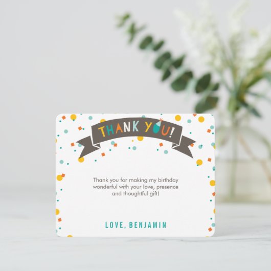 Wat een pret Kleurrijke confetti Eerste verjaardag Bedankkaart (Staand voorkant)