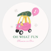Wat een pret Roze Kerstauto 1e Verjaardagsfeestje Ronde Sticker (Voorkant)