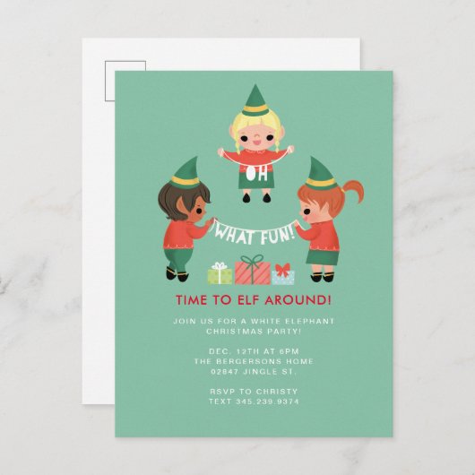 Wat een pret! Tijd om als elf rond te dartelen. Uitnodiging Briefkaart (Voorkant / Achterkant)