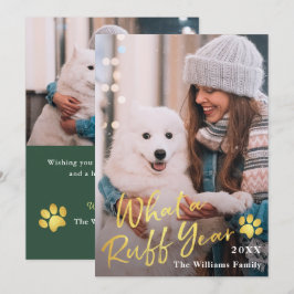 Wat een roofjaar Pet Dog Puppy 2 Foto Green Gold Feestdagenkaart