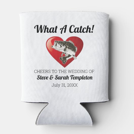 Wat een vangst trouwdag vis gunsten blikjeskoeler (Achterkant)