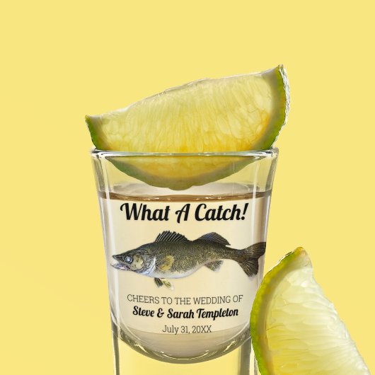 Wat een Vangst Vist Walleye Wedding Date Favor Shot Glas