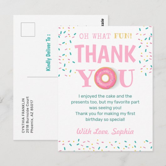 Wat een vun Donut Birthday party bedankt Briefkaart (Voorkant / Achterkant)