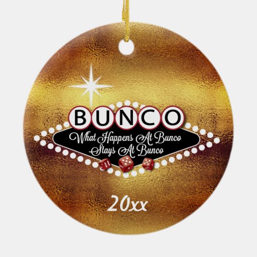 Wat er gebeurt bij Bunco Faux Gold Keramisch Ornament (Achterkant)