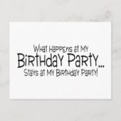 Wat er gebeurt op mijn verjaardagsfeestje blijft b uitnodiging briefkaart (Voorkant)