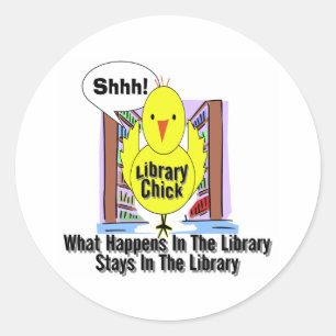 Wat er in de bibliotheek gebeurt.. ronde sticker