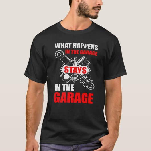Wat er in de garage in de garage gebeurt t-shirt (Voorkant)