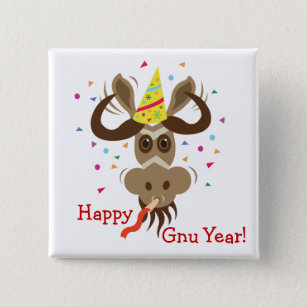 Wat Gnu Stuff_Partier Gnu_Happy Gnu Year! Vierkante Button 5,1 Cm