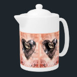 Wat God in elkaar heeft gezet (roze roos en wit) Theepot<br><div class="desc">Prachtig ontworpen theepot met een geweldig ontwerp voor een vrijgezellenfeesten cadeau. Deze theepot heeft een bedrukt afbeelding van een acrylschilderij van twee trouwringen in een kristalvormig hart. Er liggen afbeeldingen mooie roze rozen op de theepot.</div>