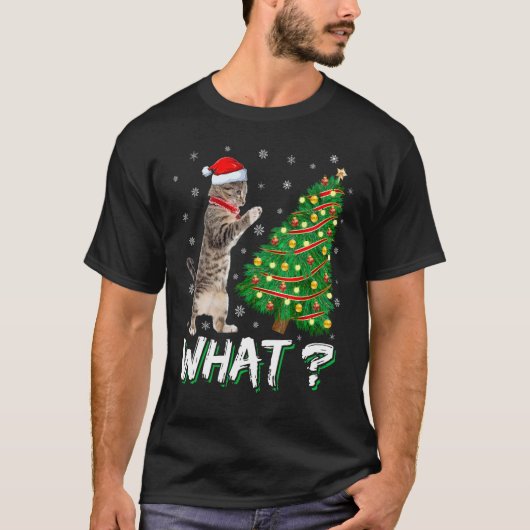 Wat grappige kat duwt Kerstboom om Kat Xma T-shirt (Voorkant)
