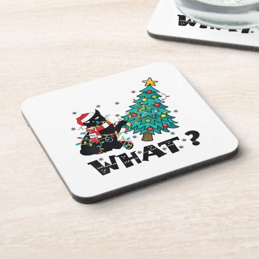 WAT Grappige zwarte kat sinterklaas duwen kerstboo Bier Onderzetter (Linkerzijde)